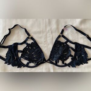NWT Victoria’s Secret 38DD VERY SEXY Black Strappy Cage Palm Leaf Rhinestone Bra